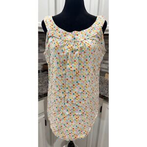 Sleeveless‎ Geometric Circle Dot Print Blouse Scoop Neck Pleated Top White Multi